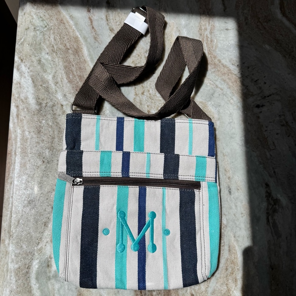New! Thirty-one Striped Crossbody Bag w/Embroidered Initial ‘M’ Smoke free home!